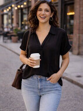 Cabi Black Sheer Collared Short Sleeve Blouse M